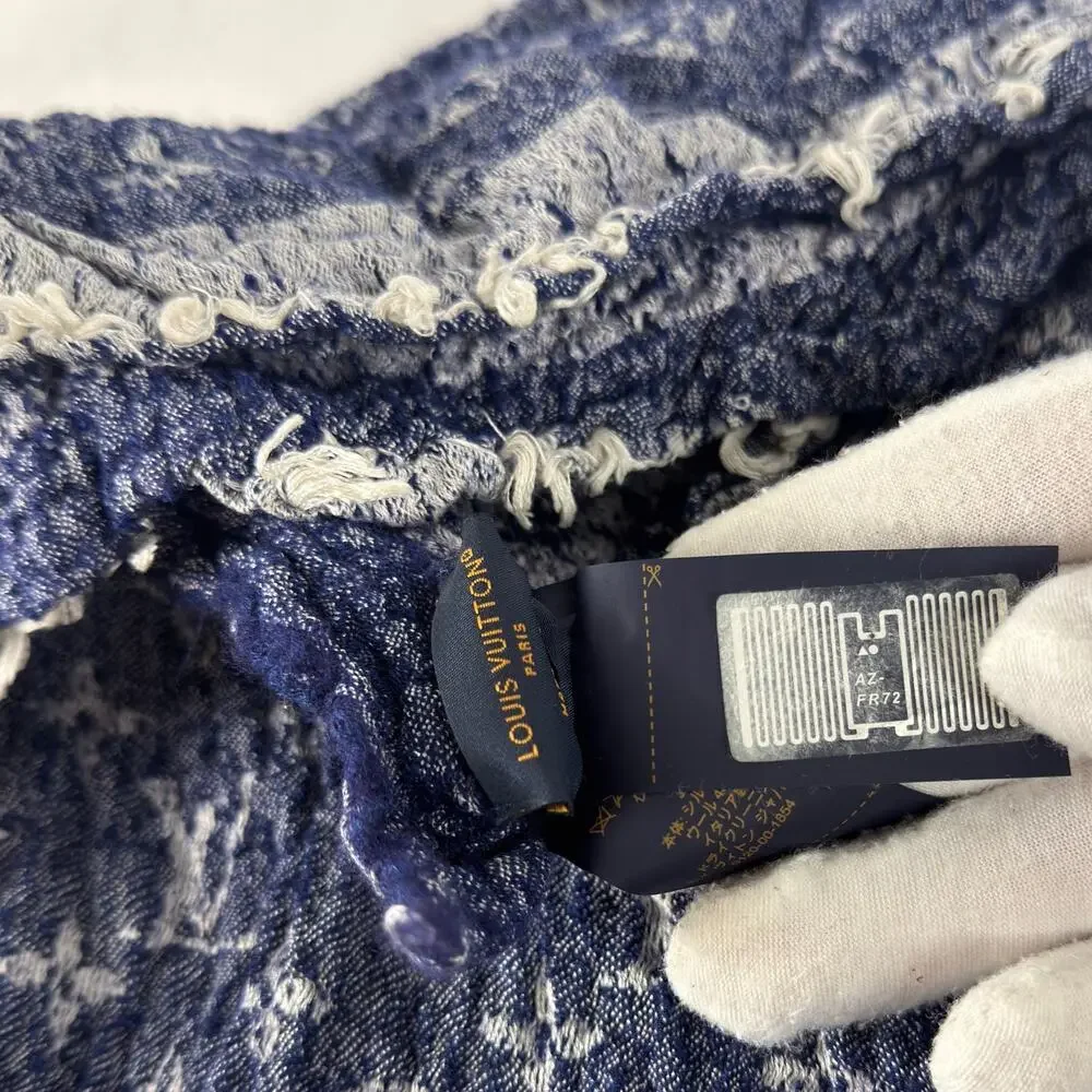 Louis Vuitton Monogram Denim Shawl Blue Silk Wool Fringe Wrap Made in Italy